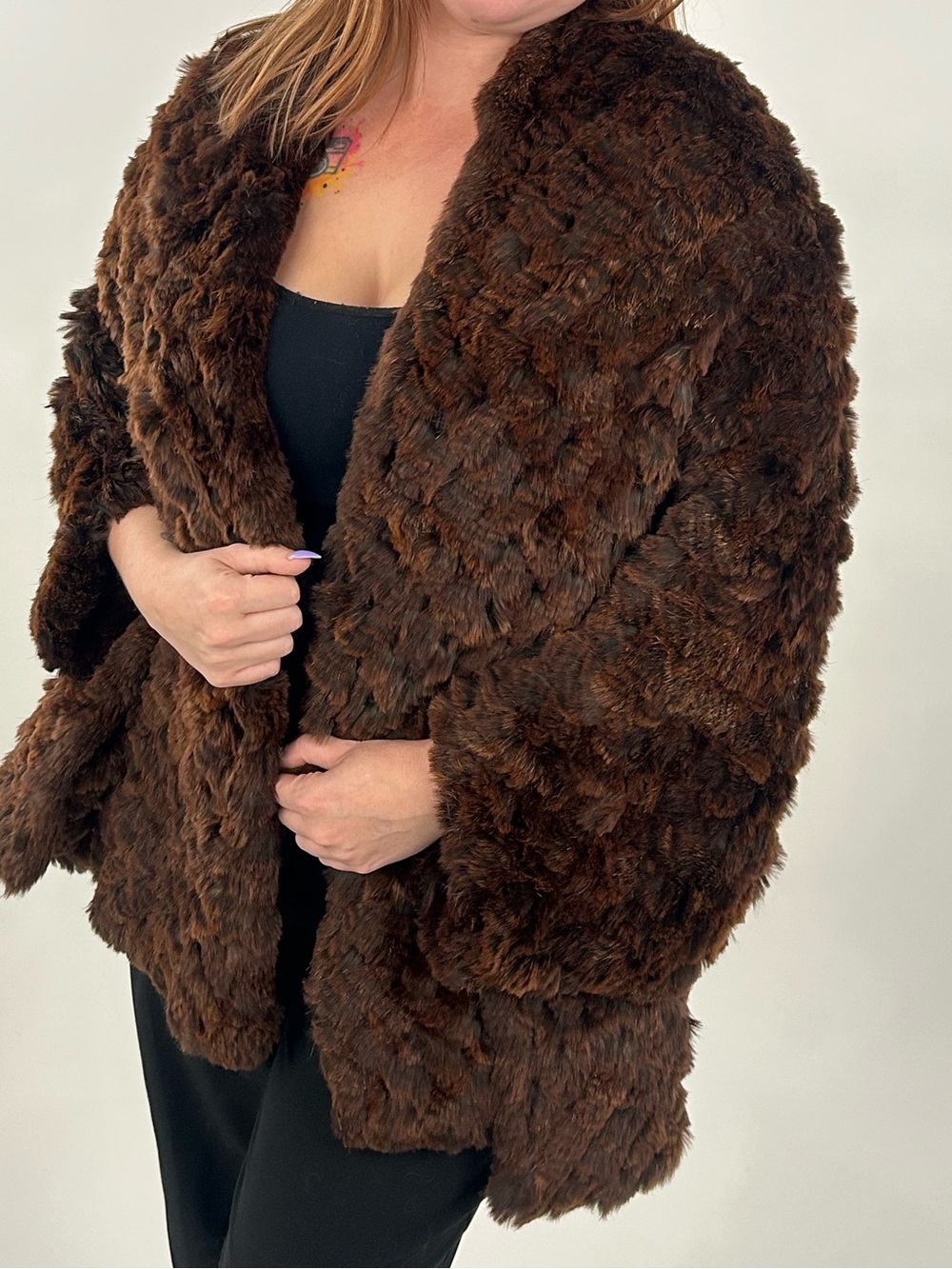 RIZAL 100% Real Fur Brown Cape Coat Luxury Statement Pockets
